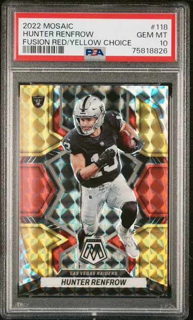 2022 Panini Mosaic Hunter Renfrow Fusion Red/Yellow Choice #118 card image