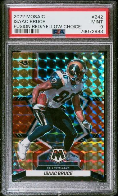 2022 Panini Mosaic Isaac Bruce Fusion Red/Yellow Choice #242 card image