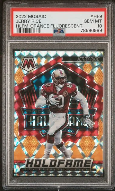 2022 Panini Mosaic Jerry Rice Holofame Orange Fluorescent #HF9 card image