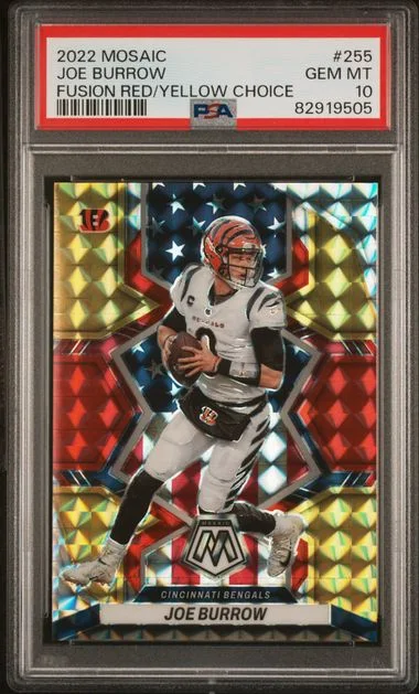 2022 Panini Mosaic Joe Burrow Fusion Red/Yellow Choice #255 card image