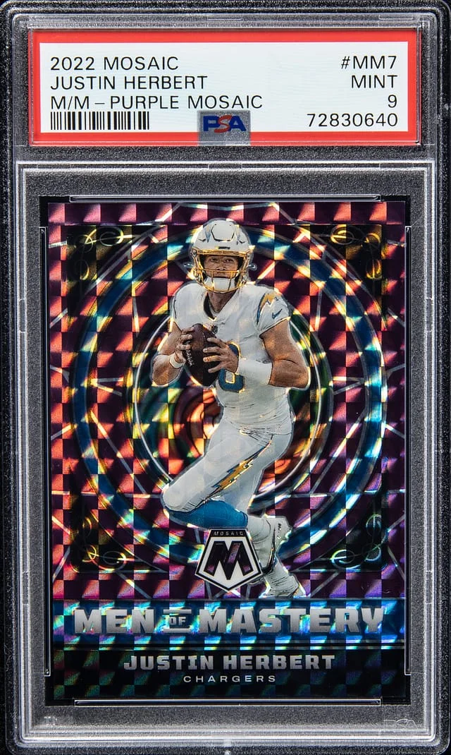 2022 Panini Mosaic Justin Herbert Men of Mastery Purple #MM7 card image