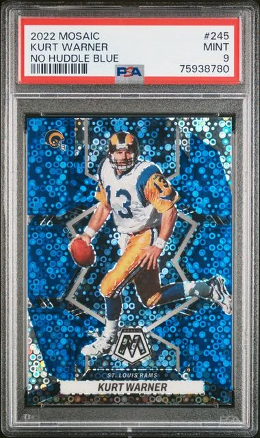 2022 Panini Mosaic Kurt Warner No Huddle Blue #245 card image