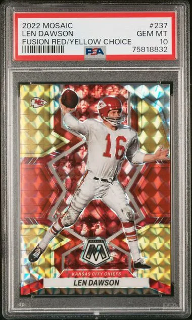 2022 Panini Mosaic Len Dawson Fusion Red/Yellow Choice #237 card image