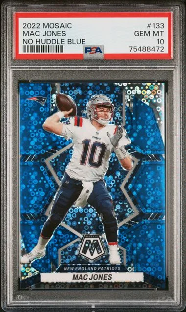 2022 Panini Mosaic Mac Jones No Huddle Blue #133 card image