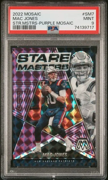 2022 Panini Mosaic Mac Jones Stare Masters Purple Mosaic #SM-7 card image