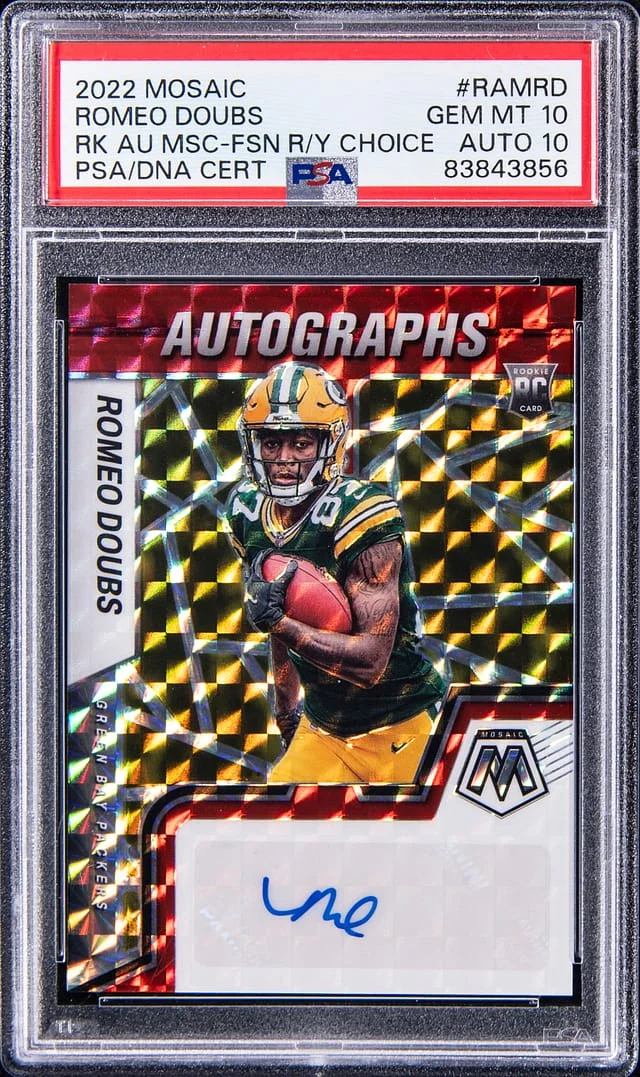 2022 Panini Mosaic Romeo Doubs Autograph Mosaic Fusion Red/Yellow Choice #RAM-RD card image