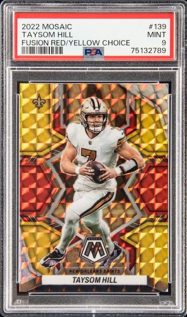 2022 Panini Mosaic Taysom Hill Fusion Red/Yellow Choice #139 card image