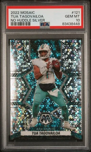 2022 Panini Mosaic Tua Tagovailoa No Huddle Silver #121 card image