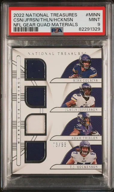 2022 Panini National Treasures Adam Thielen/Justin Jefferson/Kirk Cousins/T.J. Hockenson NFL Gear Quad Materials #GQM-MINN card image
