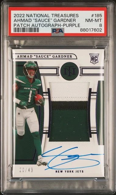 2022 Panini National Treasures Ahmad Sauce Gardner Midnight Patch Autograph (RPA) Midnight #185 card image