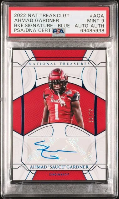 2022 Panini National Treasures Ahmad Sauce Gardner Collegiate Signatures Blue #AGA card image