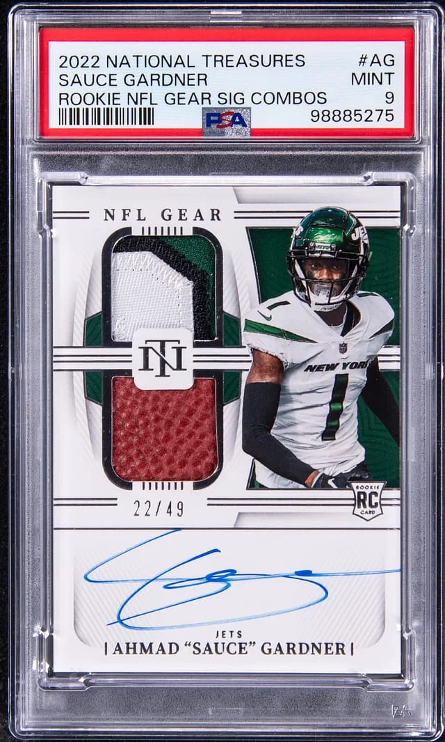 2022 Panini National Treasures Ahmad Sauce Gardner NFL Gear Signature Combos #RGS-AG card image