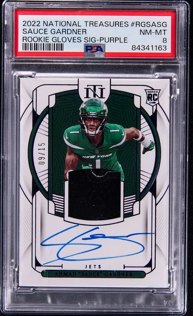 2022 Panini National Treasures Ahmad Sauce Gardner Gloves Signature Purple #RGS-ASG card image