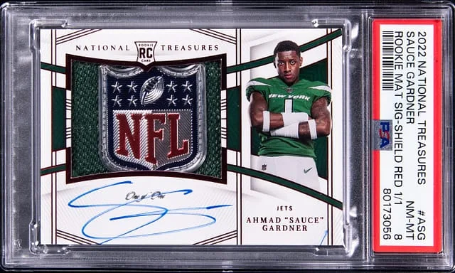 2022 Panini National Treasures Ahmad Sauce Gardner Material Signatures NFL Shield Red #RMS-ASG card image