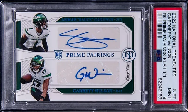 2022 Panini National Treasures Ahmad Sauce Gardner/Garrett Wilson Prime Pairings Platinum #JET card image