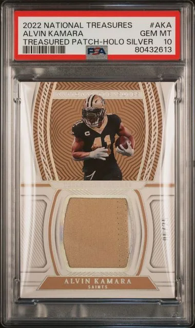 2022 Panini National Treasures Alvin Kamara Treasured Patch Holo Silver #AKA card image