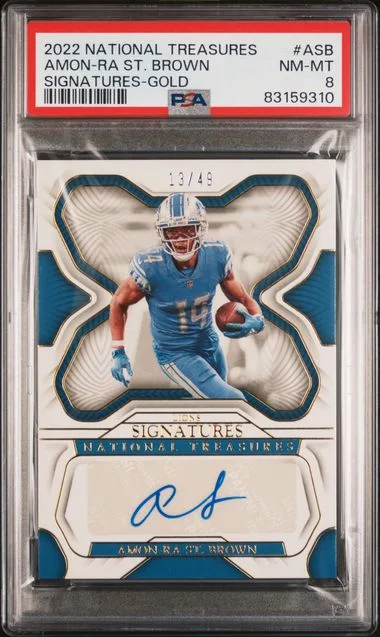 2022 Panini National Treasures Amon-Ra St. Brown Signatures Gold #ASB card image