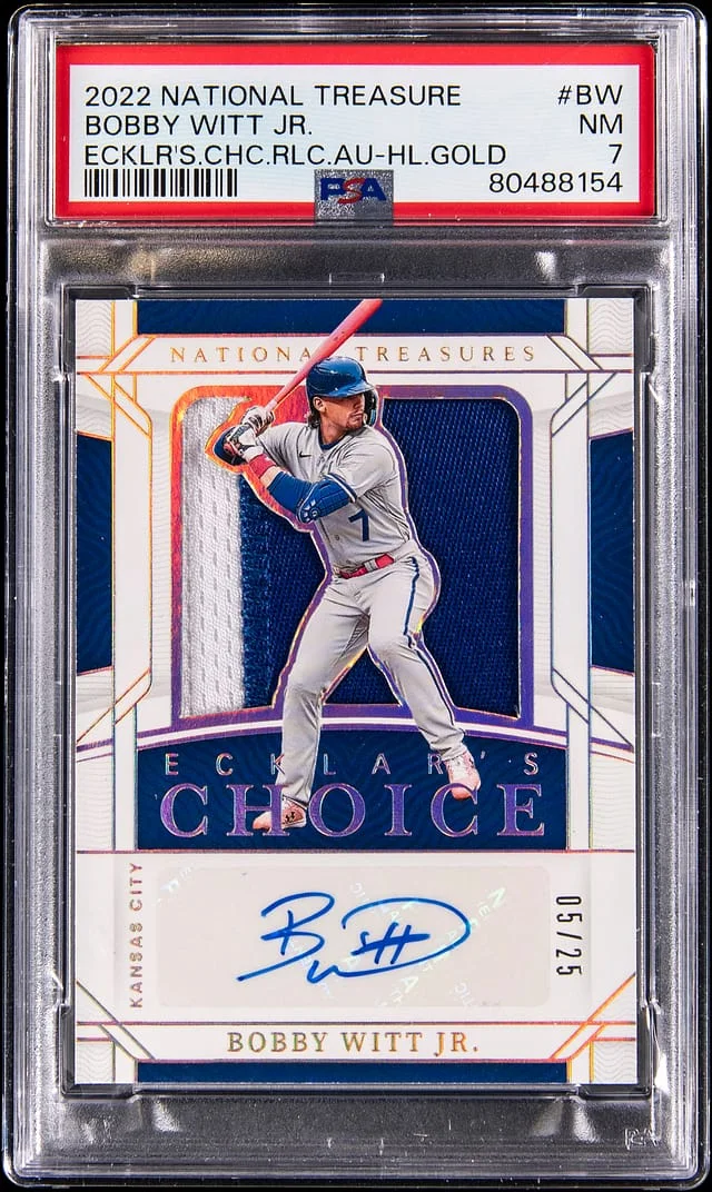 2022 Panini National Treasures Bobby Witt Jr. Ecklar's Choice Relic Autograph Holo Gold #EC-BW card image