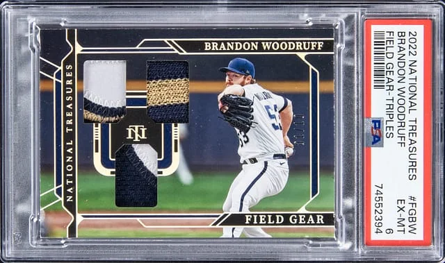 2022 Panini National Treasures Brandon Woodruff Field Gear Triples #FGBW card image