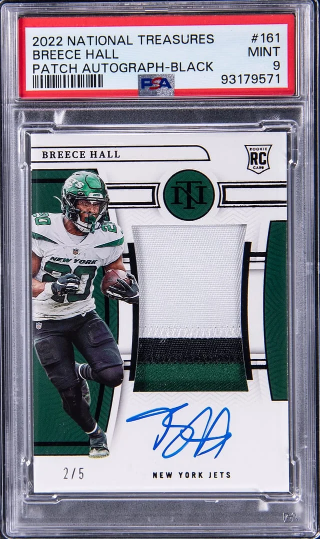 2022 Panini National Treasures Breece Hall Patch Autograph (RPA) Black #161 card image