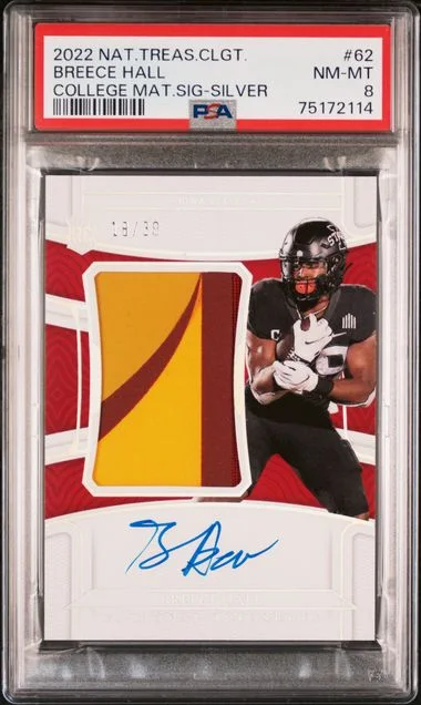 2022 Panini National Treasures Breece Hall Collegiate College Materials Signature-Silver #62 card image