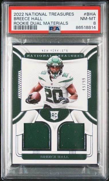2022 Panini National Treasures Breece Hall Dual Materials #BHA card image