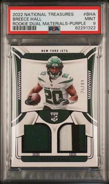 2022 Panini National Treasures Breece Hall Dual Materials Purple #RDM-BHA card image