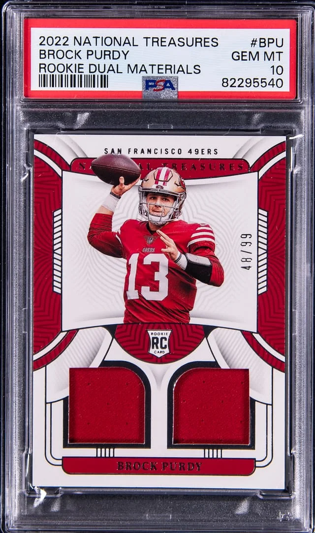 2022 Panini National Treasures Brock Purdy Dual Materials #RDM-BPU card image