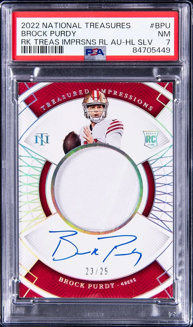 2022 Panini National Treasures Brock Purdy Treasured Impressions Relic Autographs Holo Silver #TI-BPU card image