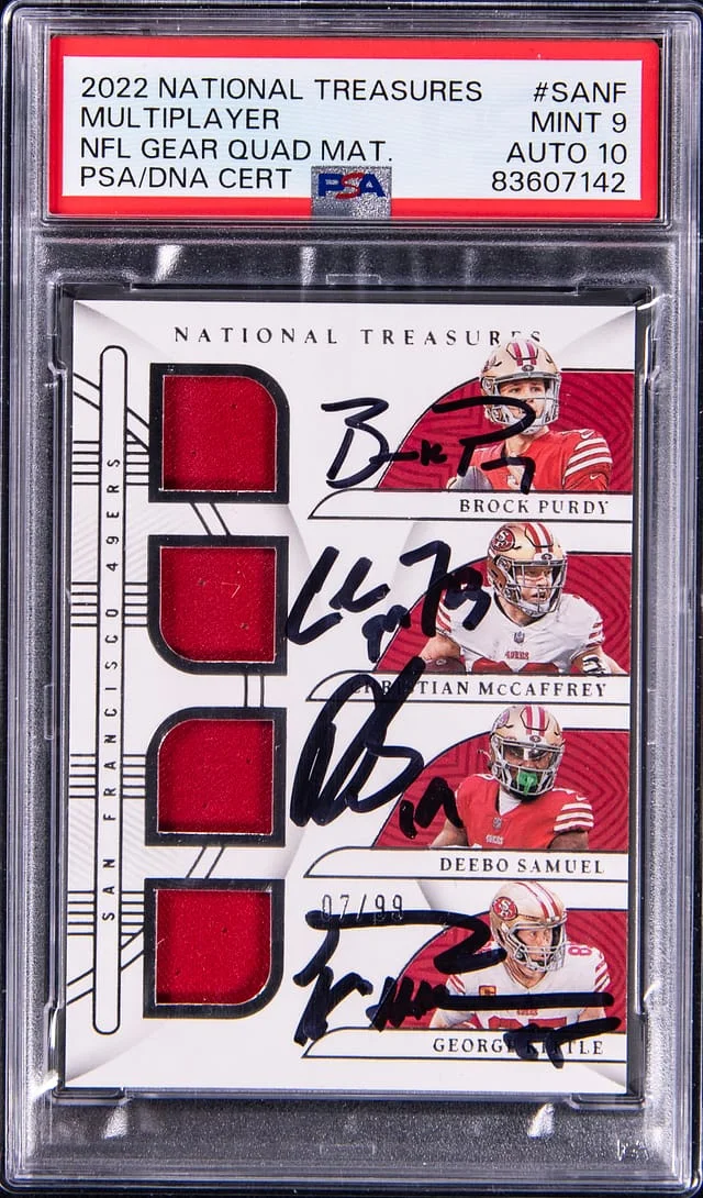 2022 Panini National Treasures Brock Purdy/Christian McCaffrey/Deebo Samuel/George Kittle Multi-Signed NFL Gear Quad Materials #GQM-SANF card image