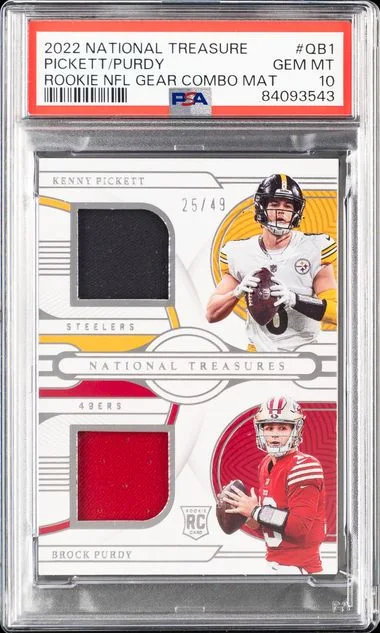 2022 Panini National Treasures Brock Purdy/Kenny Pickett NFL Gear Combo Materials #QB1 card image