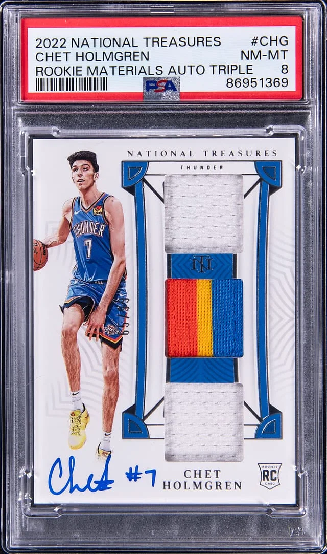 2022 Panini National Treasures Chet Holmgren Materials Autograph Triple #CHG card image