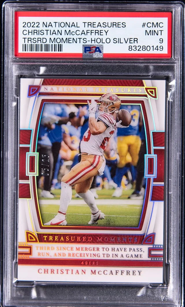 2022 Panini National Treasures Christian Mccaffrey (#45437) Treasured Moments Holo Silver #CMC card image