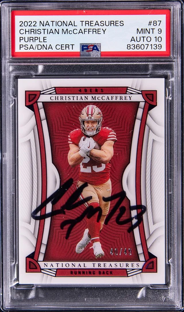 2022 Panini National Treasures Christian Mccaffrey Purple #87 card image
