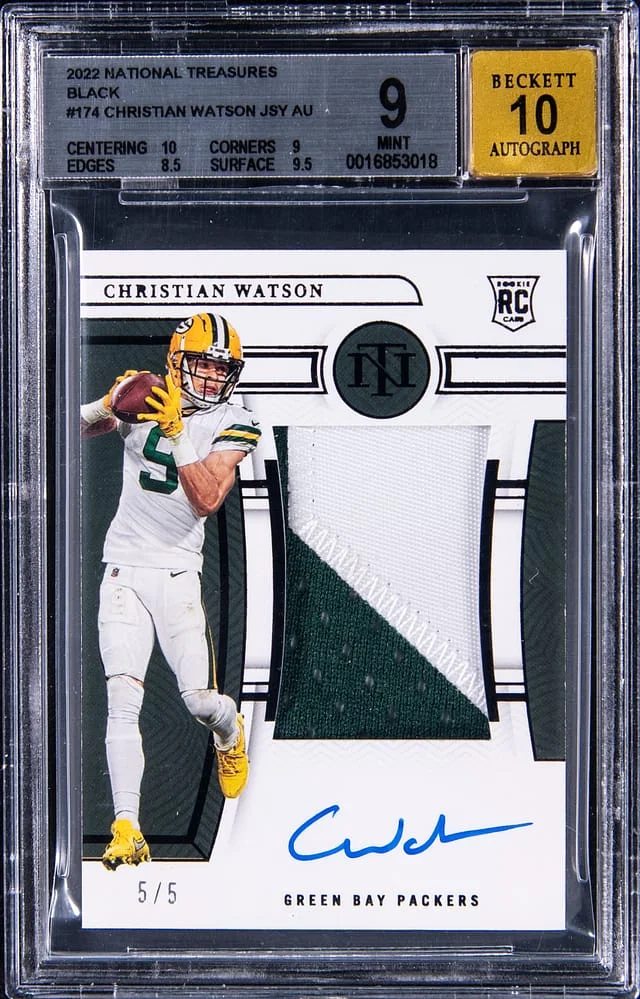 2022 Panini National Treasures Christian Watson Patch Autograph (RPA) Platinum Shield #174 card image