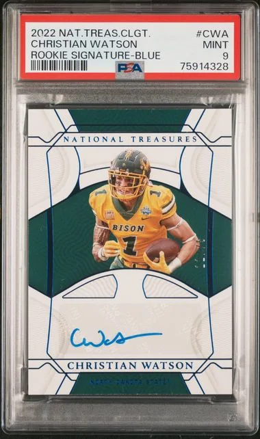 2022 Panini National Treasures Christian Watson Collegiate Signatures Blue #RCS-CWA card image