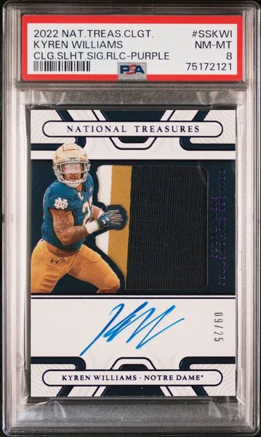 2022 Panini National Treasures Collegiate College Silhouettes Signatures Relics Purple Sskwi Kyren Williams #no-number card image