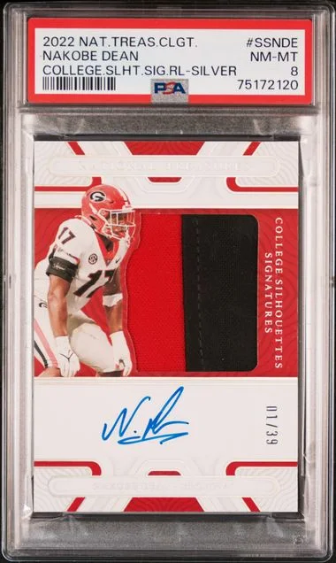 2022 Panini National Treasures Collegiate College Silhouettes Signatures Relics Silver Ssnde Nakobe Dean #no-number card image