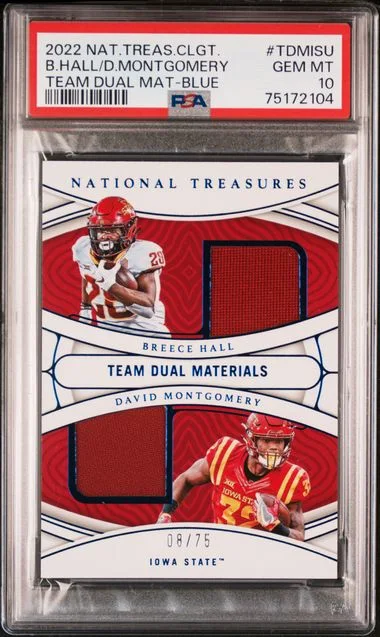 2022 Panini National Treasures Collegiate Team Dual Materials Blue Tdmisu Breece Hall/David Montgomery #no-number card image