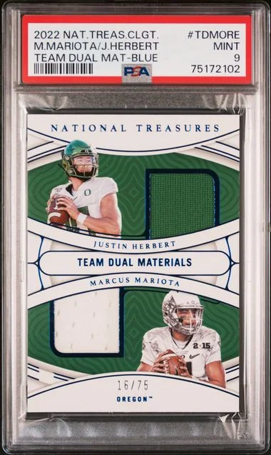 2022 Panini National Treasures Collegiate Team Dual Materials Blue Tdmore Justin Herbert/Marcus Mariota #no-number card image