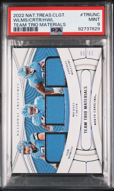 2022 Panini National Treasures Collegiate Team Trio Materials Triunc Javonte Williams/Michael Carter/Sam Howell #no-number card image