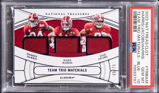 2022 Panini National Treasures Damien Harris/Najee Harris/Josh Jacobs Collegiate Team Trio Materials Blue #TRI-BAM card image