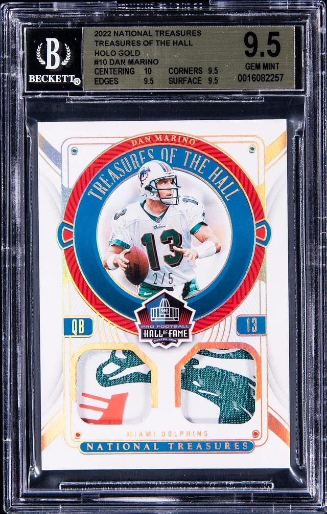 2022 Panini National Treasures Dan Marino Treasures Of The Hall Holo Gold #THA-DMA card image