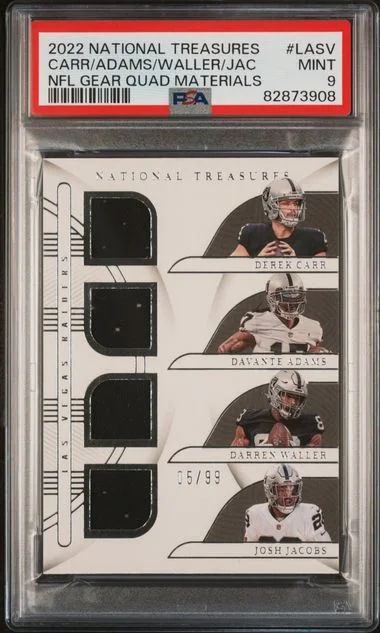 2022 Panini National Treasures Darren Waller/Davante Adams/Derek Carr/Josh Jacobs NFL Gear Quad Materials #LASV card image