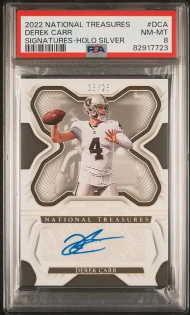 2022 Panini National Treasures Derek Carr Signatures Holo Silver #DCA card image