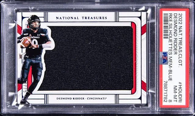 2022 Panini National Treasures Desmond Ridder Collegiate Silhouettes Memorabilia Blue #HOUD-RI card image