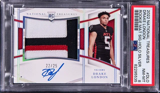 2022 Panini National Treasures Drake London Materials Signatures Holo Silver #RMS-DLO card image