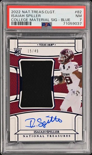 2022 Panini National Treasures Isaiah Spiller Collegiate College Materials Signature-Blue #82 card image