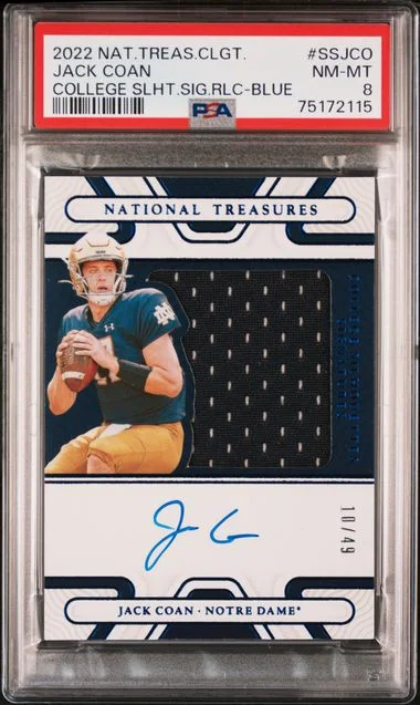 2022 Panini National Treasures Jack Coan Collegiate College Silhouettes Signatures Relics Blue #SS-JCO card image