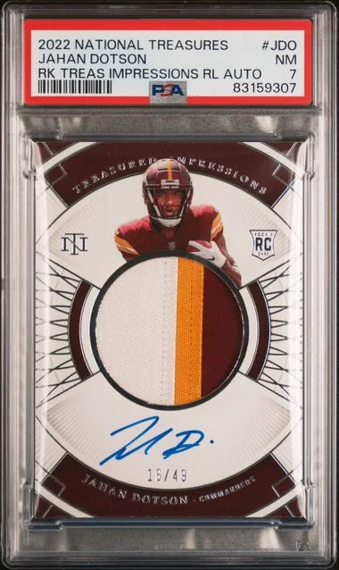 2022 Panini National Treasures Jahan Dotson Treasured Impressions Relic Autograph #JDO card image